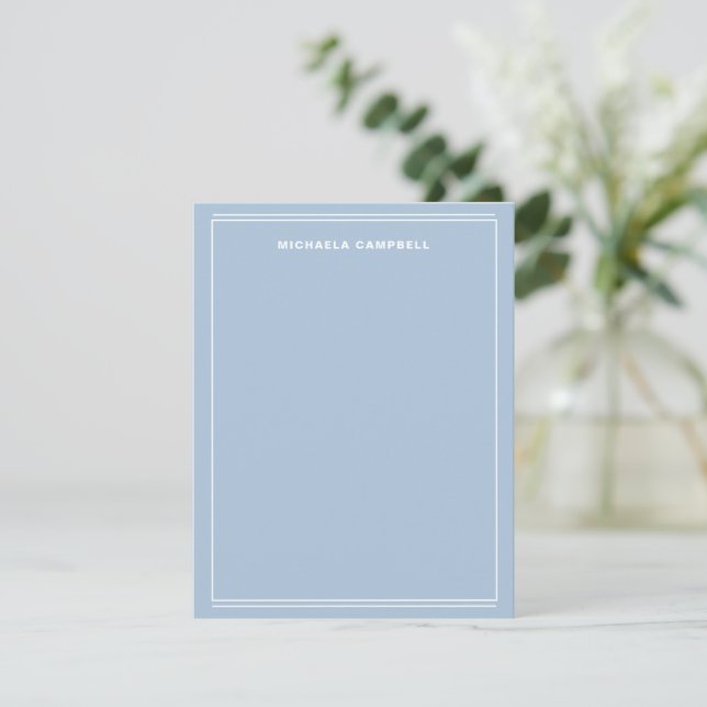Simple Light Blue White Monogram Name Border Line Card (Standing Front)