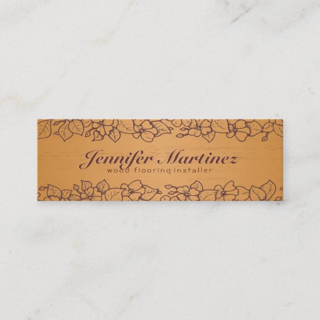 Simple Light Brown Wood Texture Floral Border 3 Mini Business Card (Front)