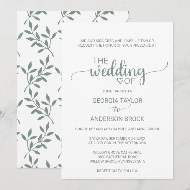 Simple Light Green Calligraphy Formal Wedding Invitation (Front/Back)
