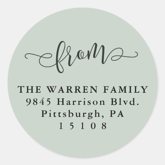 Simple light green script return address classic round sticker (Front)