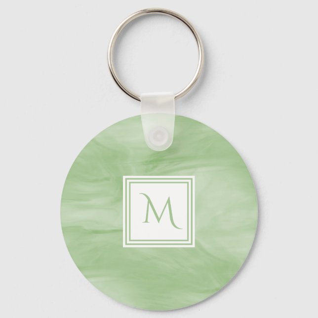 Simple Light Green Subtle Marble Modern Monogram Key Ring (Front)