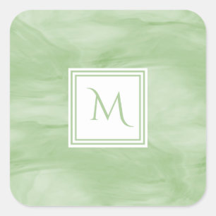 Simple Light Green Subtle Marble Modern Monogram Square Sticker