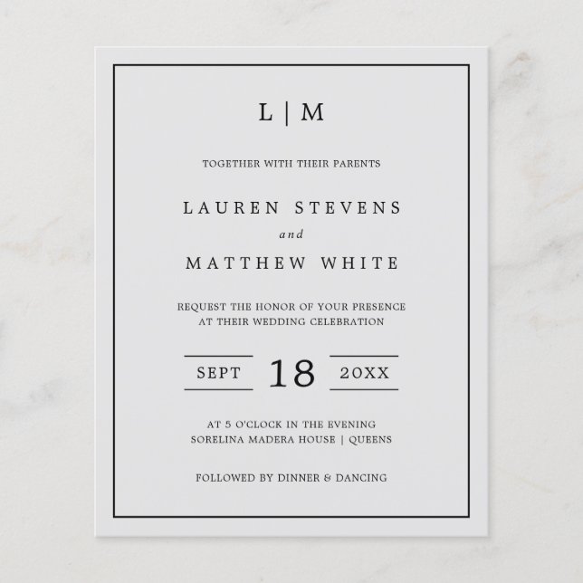 Simple Light Grey Monogram Budget Wedding Invite (Front)