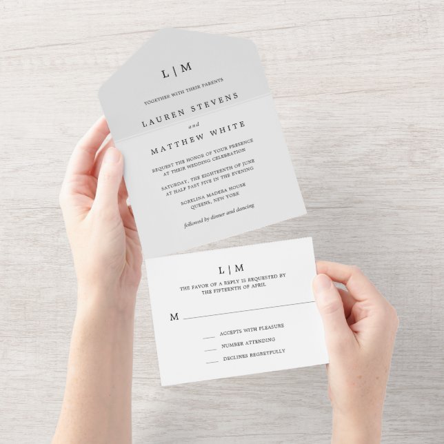 Simple Light Grey Monogram Elegant Wedding All In One Invitation (Tearaway)