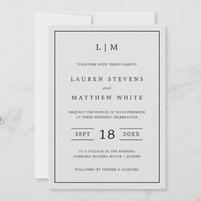 Simple Light Grey Monogram Elegant Wedding Invitation (Front)
