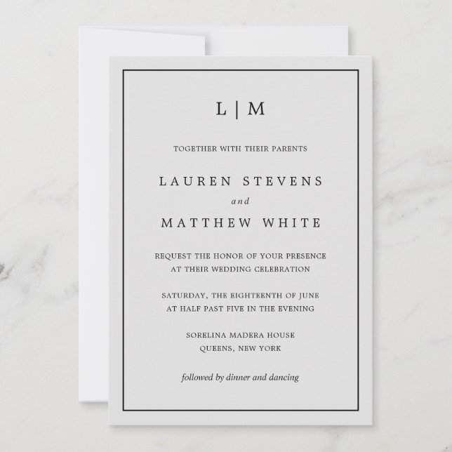 Simple Light Grey Monogram Elegant Wedding Invitation (Front)