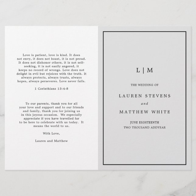 Simple Light Grey Monogram Elegant Wedding Program (Front)