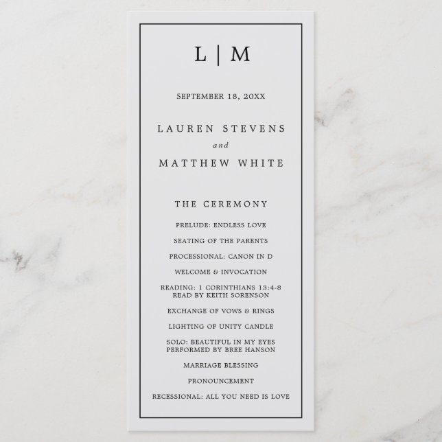 Simple Light Grey Monogram Elegant Wedding Programme (Front)