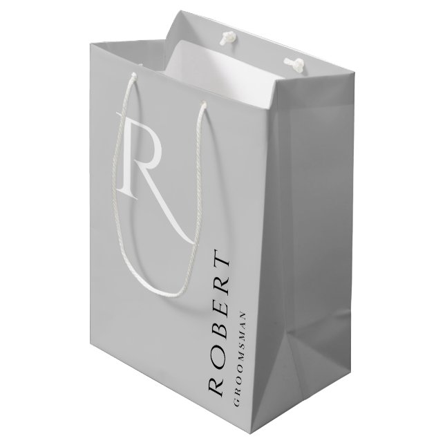 Simple Light Grey Monogram Personalised Groomsmen Medium Gift Bag (Front Angled)