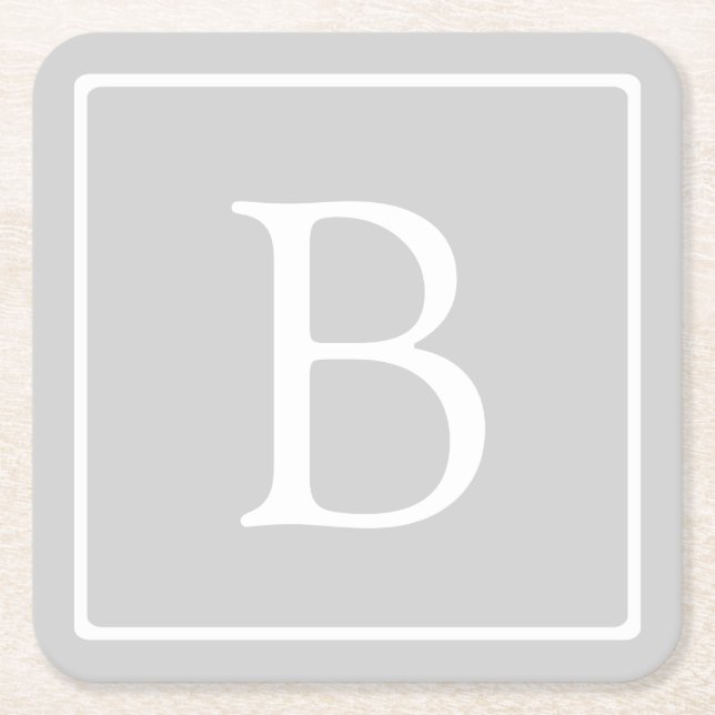 Simple Light Grey Monogram Square Paper Coaster (Front)