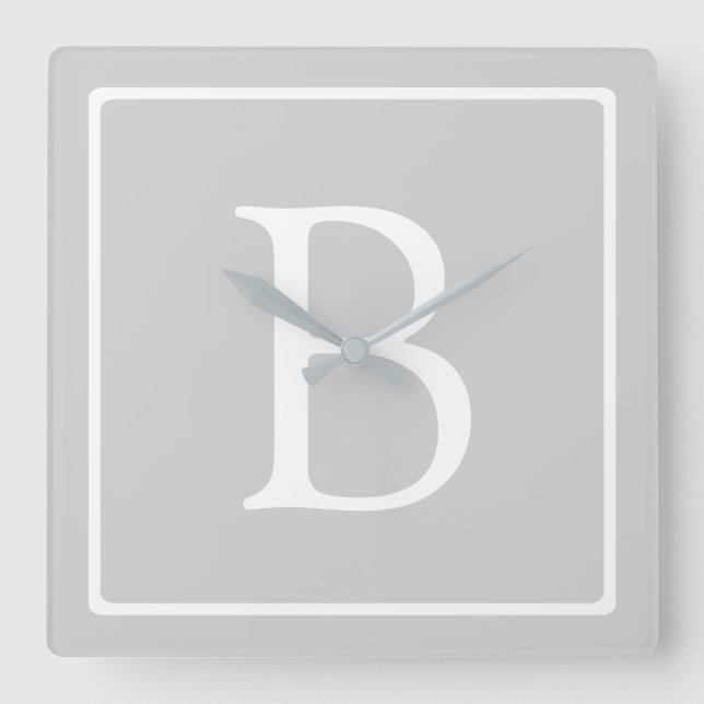 Simple Light Grey Monogram Square Wall Clock (Front)