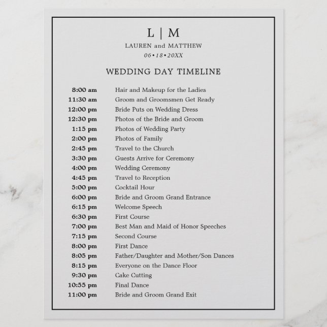 Simple Light Grey Monogram Wedding Timeline (Front)