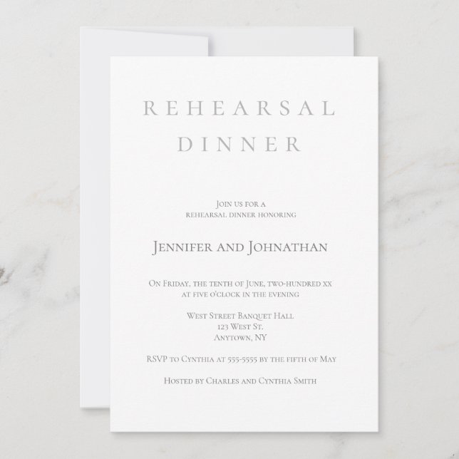 Simple light grey rehearsal dinner invitations (Front)