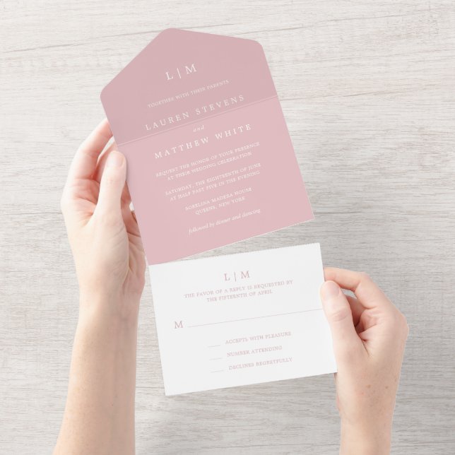 Simple Light Pink Monogram Elegant Wedding All In One Invitation (Tearaway)