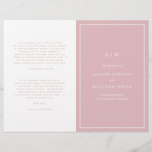 Simple Light Pink Monogram Elegant Wedding Program (Front)