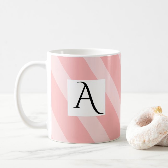 Simple Light Pink Single Initial Wide Stripes Coffee Mug (With Donut)