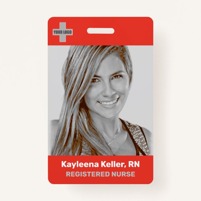 Simple Light Red Large Photo Logo Code Template ID Badge (Front)