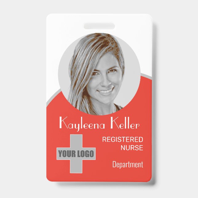 Simple Light Red Nurse Circle Photo Logo Barcode ID Badge (Front)