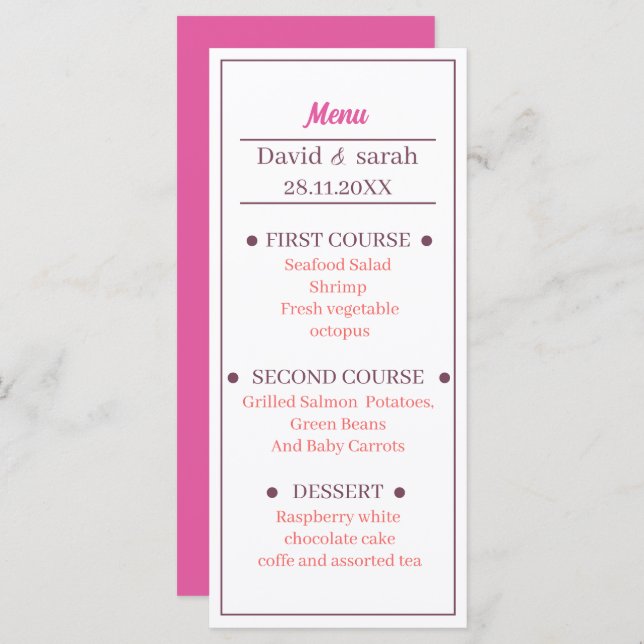 Simple Light Rose Customised Wedding Dinner Menu (Front/Back)