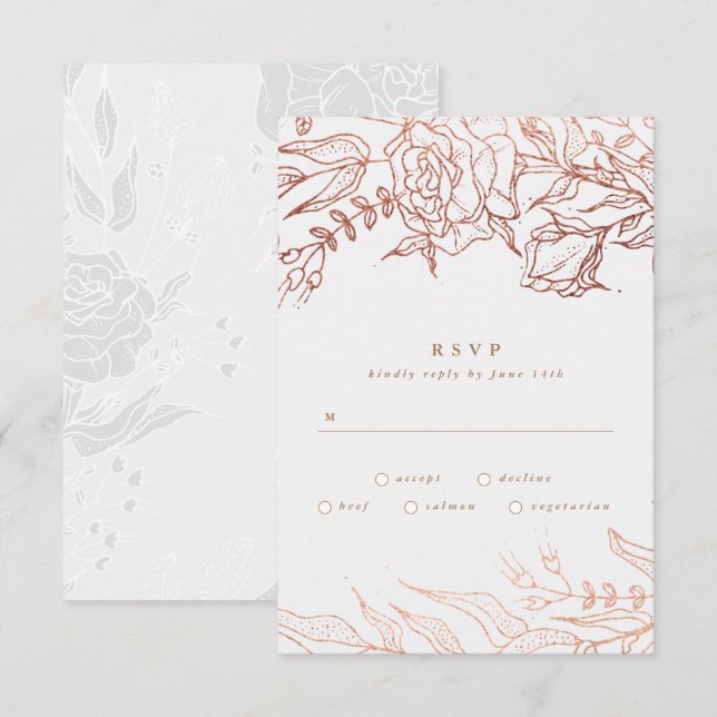 Simple Light Rose Grey Copper Floral Wedding RSVP Card (Front/Back)