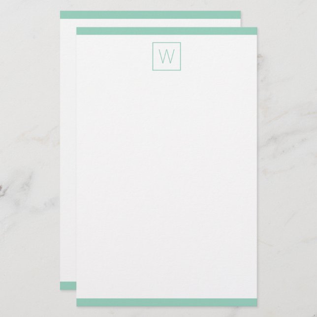 Simple Light Teal and White Monogram Stationery (Front/Back)