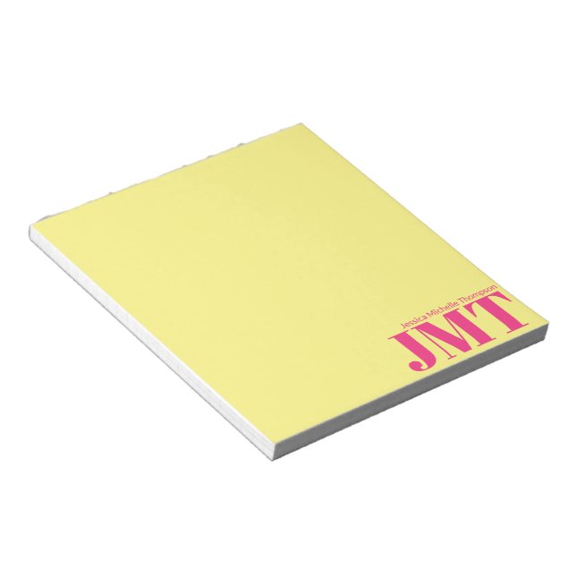 Simple Light Yellow and Bright Pink Name Monogram Notepad (Angled)