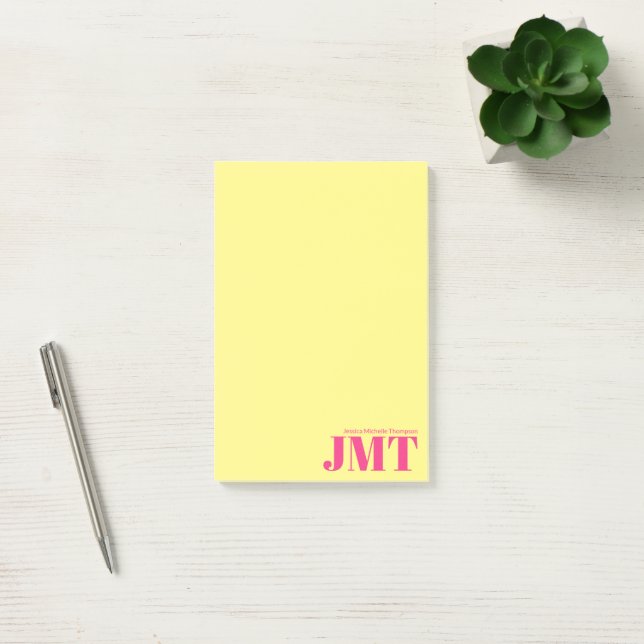 Simple Light Yellow and Bright Pink Name Monogram Post-it Notes (Office)