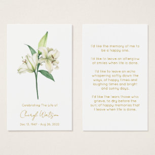 Simple Lily Funeral Memorial Prayer Card