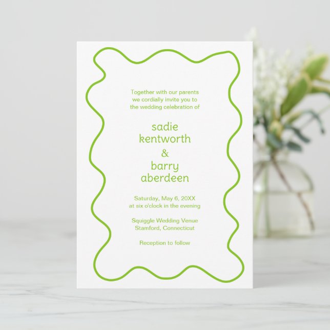 Simple Lime Green Squiggle Frame Modern Wedding Invitation (Standing Front)