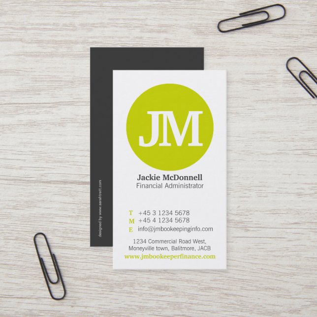 Simple lime, grey & white circle business card (Front/Back In Situ)