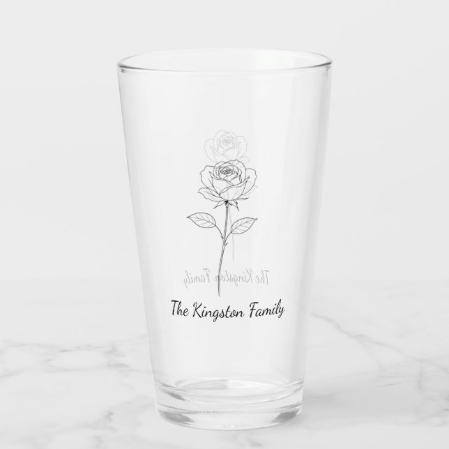 Simple Line Art Rose Custom Name Glass (Back)
