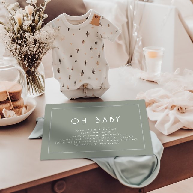 Simple Line Border Sage Green Oh Baby Shower Invitation (Available digitally and printed)
