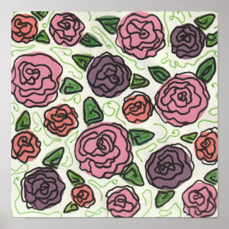 Simple Line Drawing of Red and Purple Roses Poster
