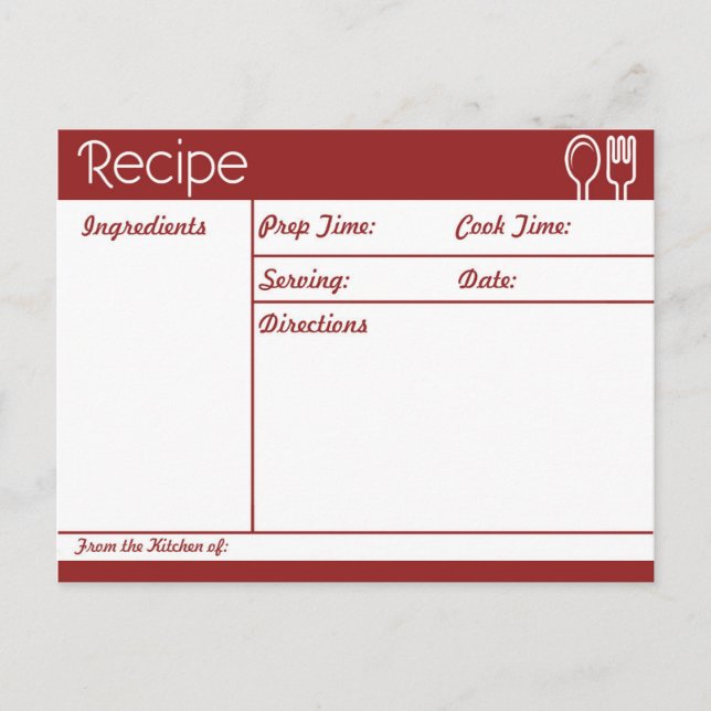 Simple Line-less Red Recipe Postcard (Front)