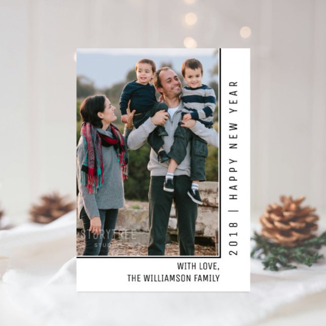 Simple Line New Year's Photo Card | Black (Black Simple Line New Years Photo Card)