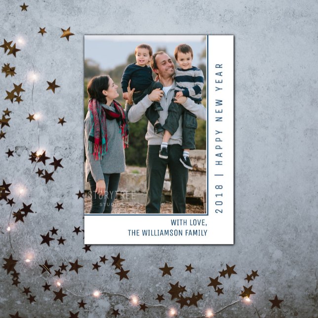 Simple Line New Year's Photo Card | Blue (Simple Line New Years Photo Card - Blue)