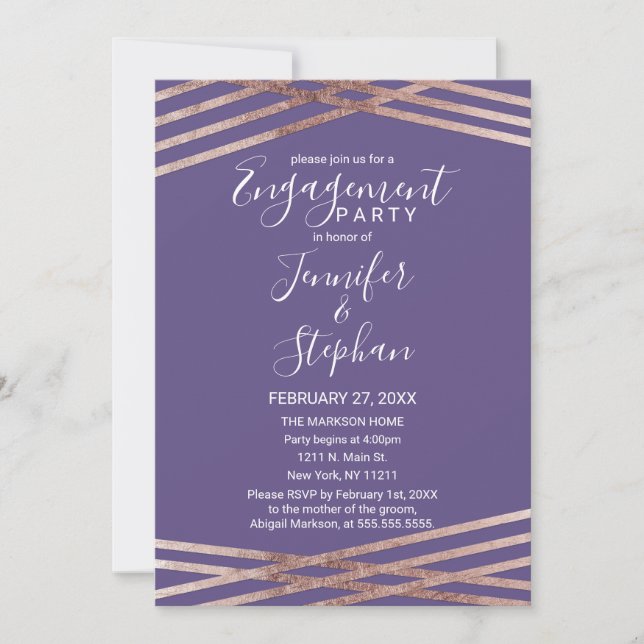 Simple Lined Rose Gold Violet Engagement Invitation (Front)