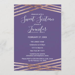 Simple Lined Rose Gold Violet Sweet 16 Invitation