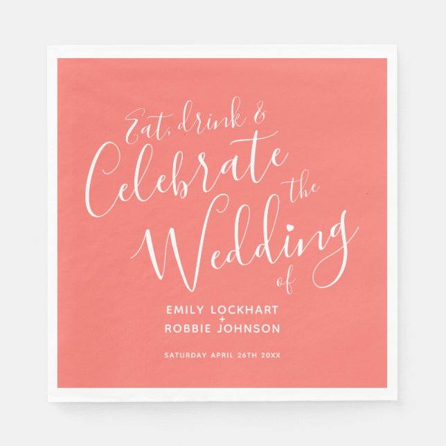 Simple living coral and white wedding napkins (Front)