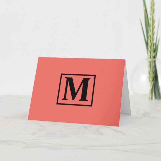 Simple  "Living Coral" Minimalist Monogram Note Card (Front)