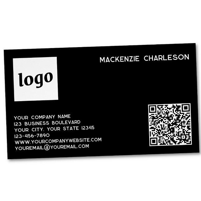 Simple Logo and QR Code Black Magnetic Business Card (Simple logo with custom text qr code business branding promotional magnetic business card)