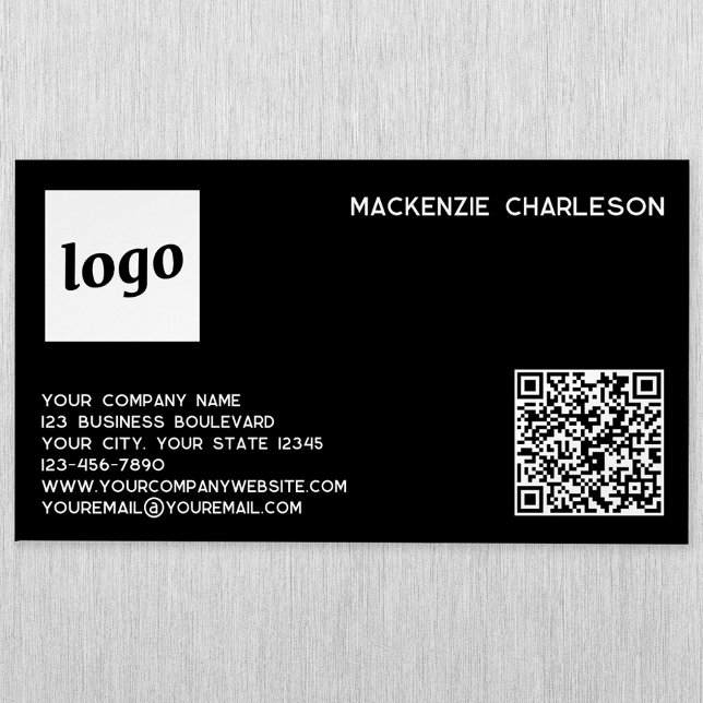 Simple Logo and QR Code Black Magnetic Business Card (Logo QR code with custom text black magnet business card)