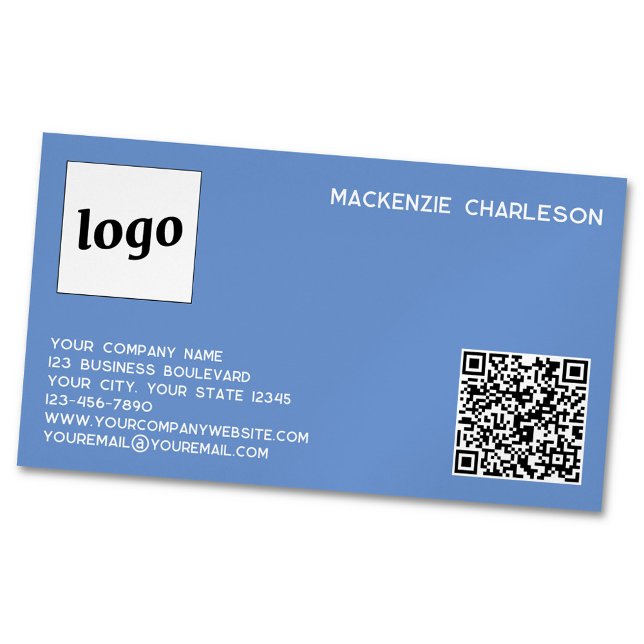 Simple Logo and QR Code Blue Magnetic Business Card (Logo with custom text and QR code blue business card magnet)