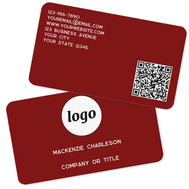 Simple Logo and QR Code Burgundy Red Business Card (Simple logo QR code custom text professional branding promotional business card dark burgundy red)