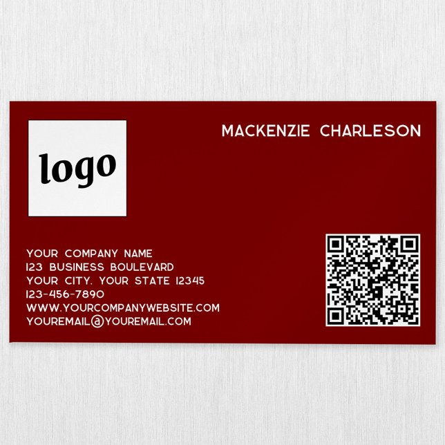 Simple Logo and QR Code Burgundy Red Magnetic Business Card (Simple logo with custom text business branding promotional magnetic business card dark burgundy red)