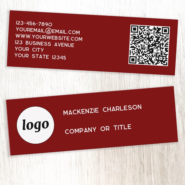 Simple Logo and QR Code Burgundy Red Mini Business Card (Simple logo QR code custom text professional branding mini business card dark burgundy red)
