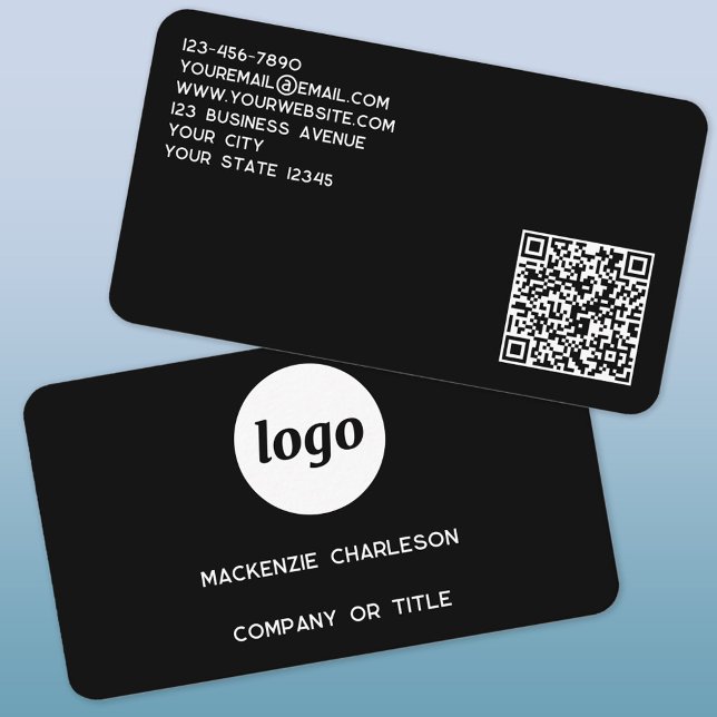 Simple Logo and QR Code Business Card (Logo QR code custom text black professional minimalist business card)