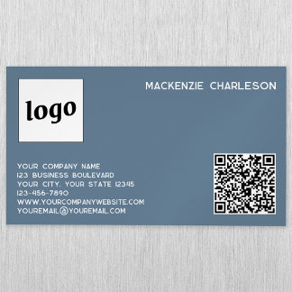 Simple Logo and QR Code Dusty Blue Grey Magnetic Business Card