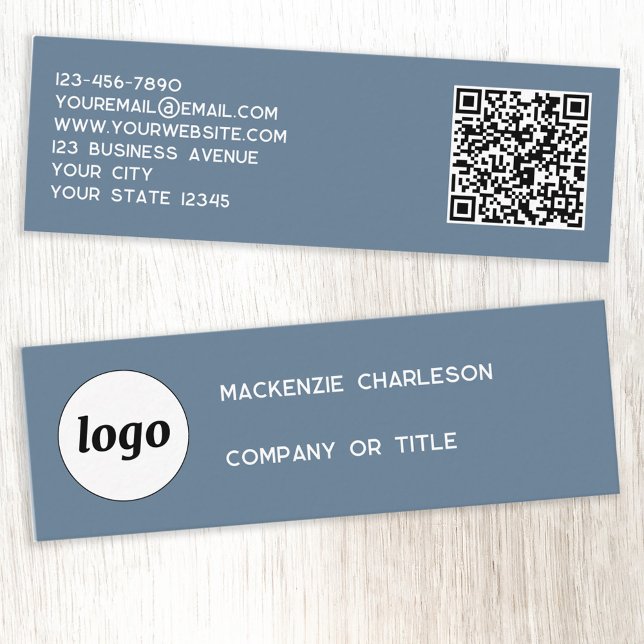 Simple Logo and QR Code Dusty Blue Grey Mini Business Card (Logo QR code with custom text blue gray professional mini business card)