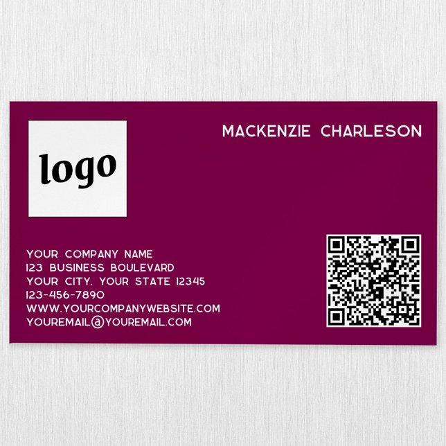 Simple Logo and QR Code Magenta Pink Magnetic Business Card (Simple logo with custom text business branding promotional magnetic business card dark cherry pink )